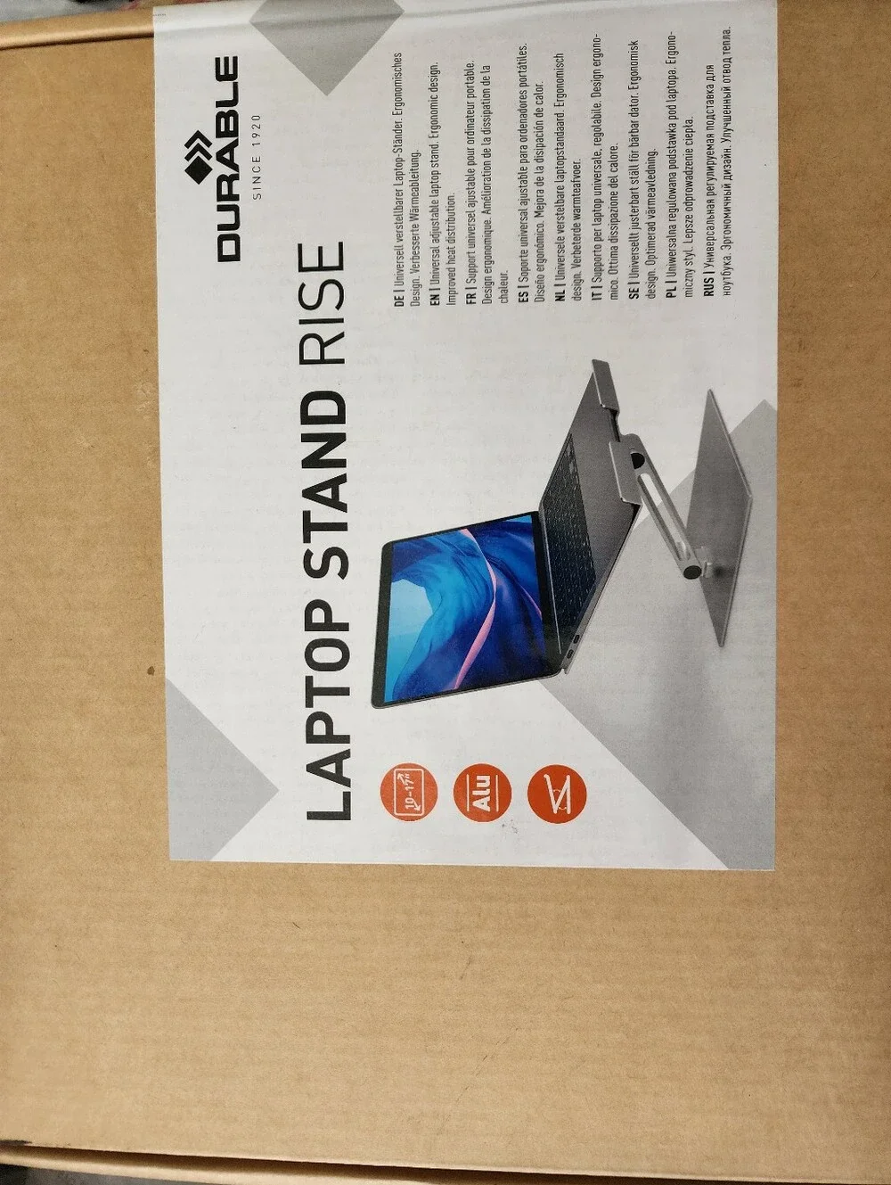 DURABLE Laptop Stand Rise Aluminum Silver 10-17in Adjustable Anti-Slip